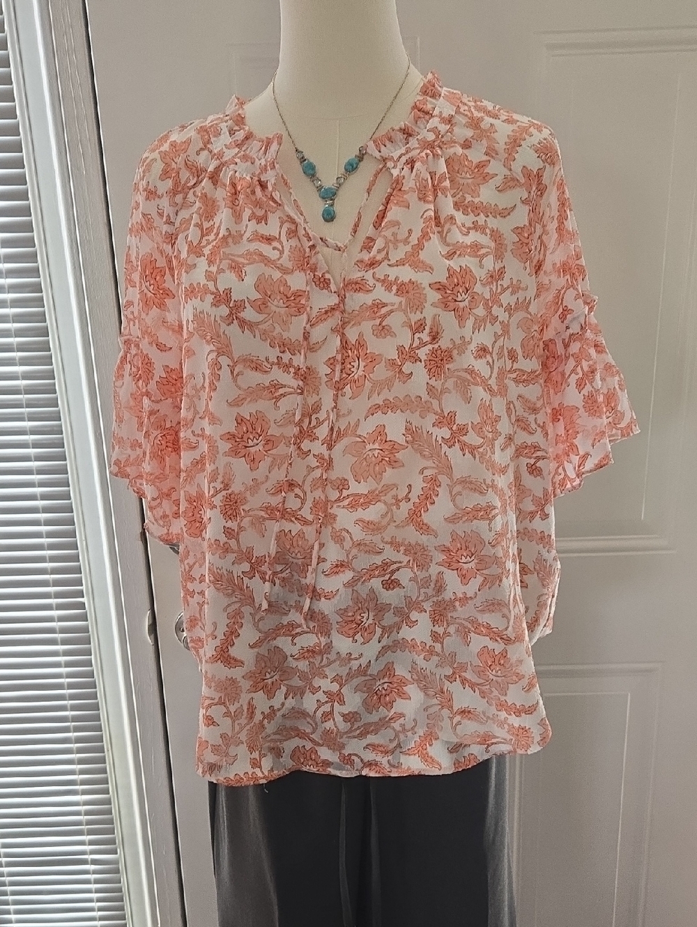 LOFT Peach Floral Ruffle V-Neck Blouse